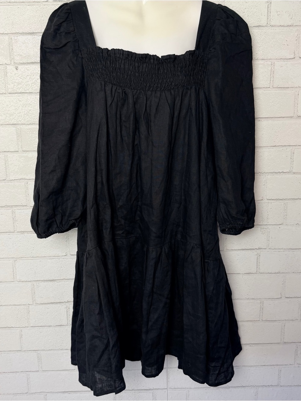 DISSH Black Linen Sleeved Mini Dress 8 Classic Breath Light resort vacation